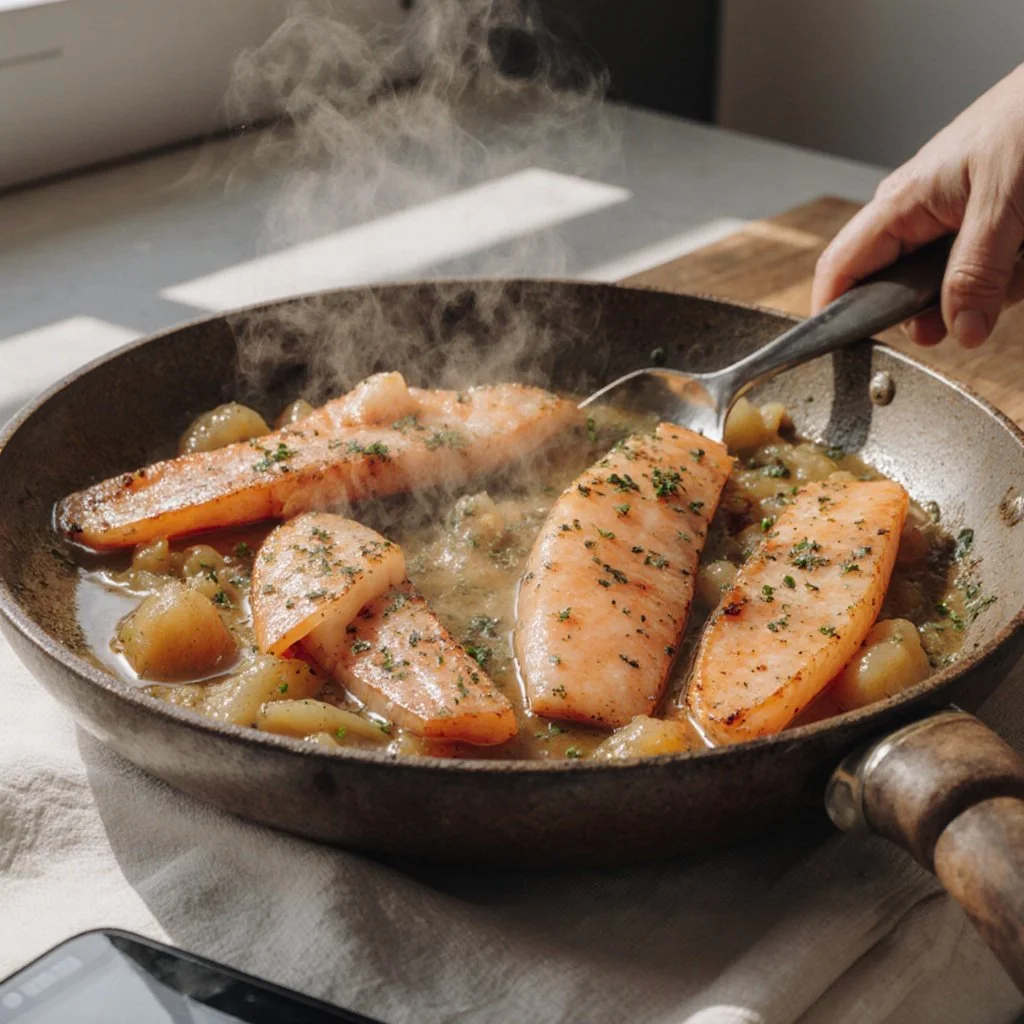 Lachs und Reis in einem Topf