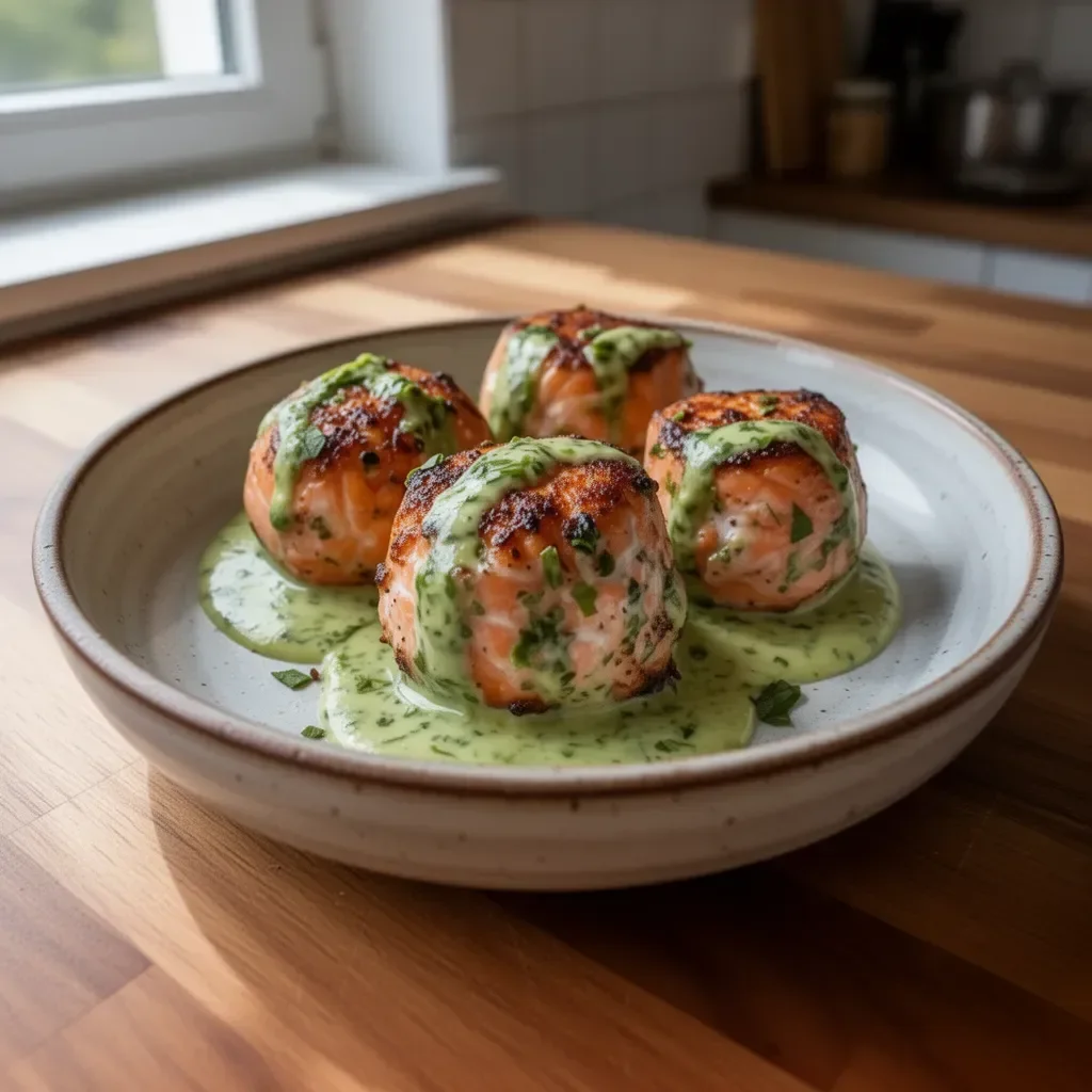 Lachsballen serviert mit cremiger Avocadosauce auf einem Teller