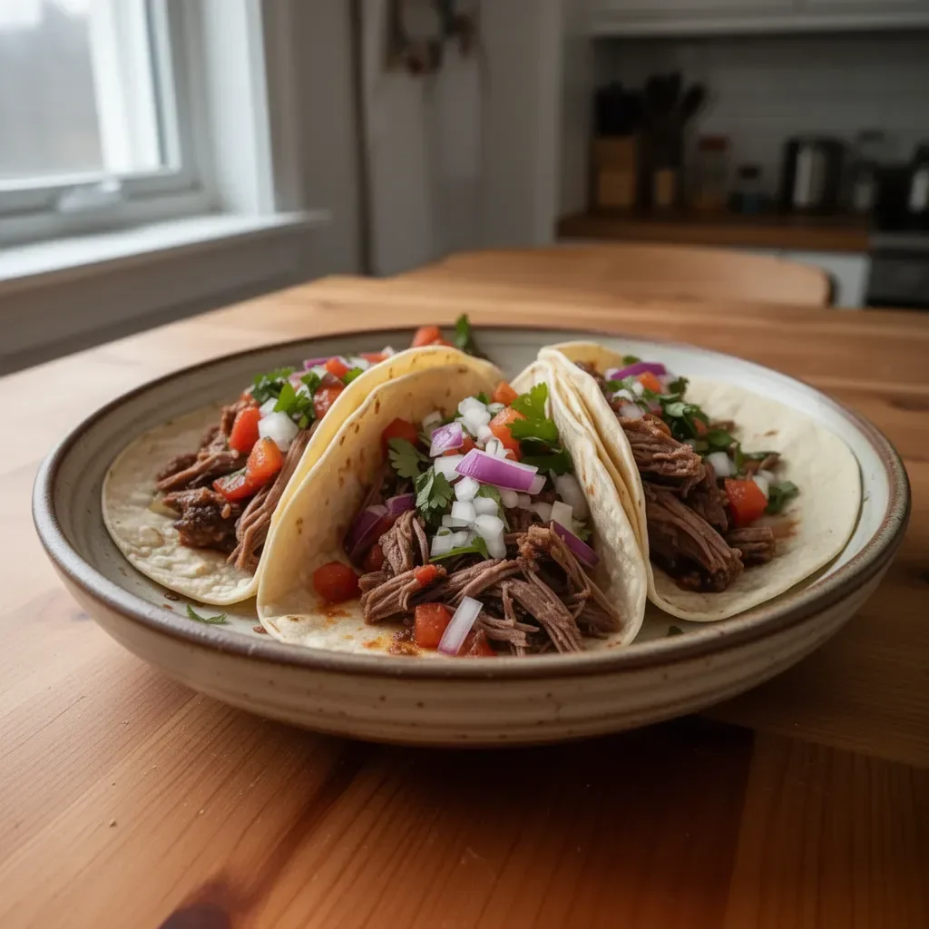 Langsam gegarte Chuck Roast Tacos mit frischen Zutaten und Saucen