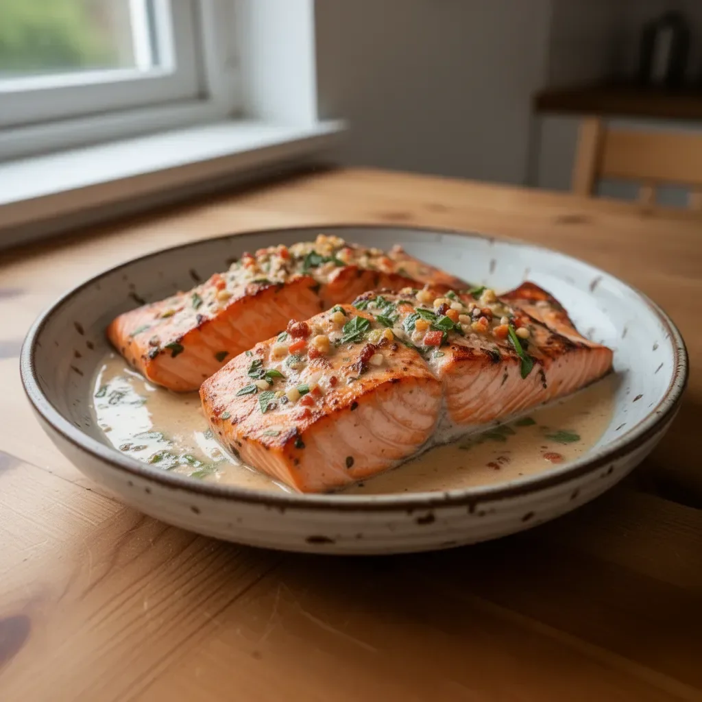 Leckere Lachsfilets serviert in einer cremigen sauce