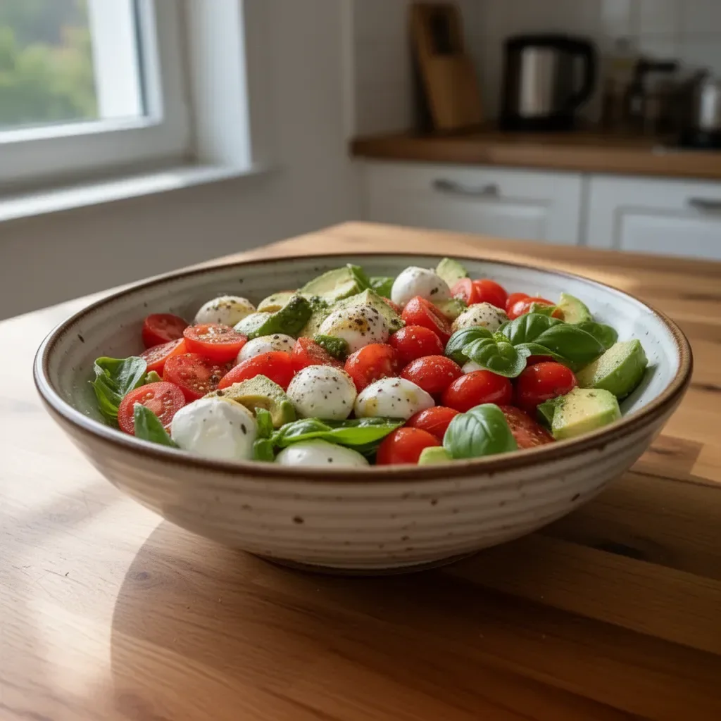 Leichter Avocado-Caprese-Salat mit frischen Zutaten und köstlichem Dressing.