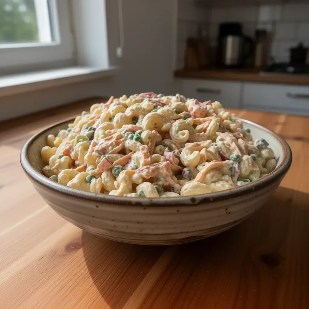 Bunter Makkaroni-Salat mit frischem Gemüse und Dressing