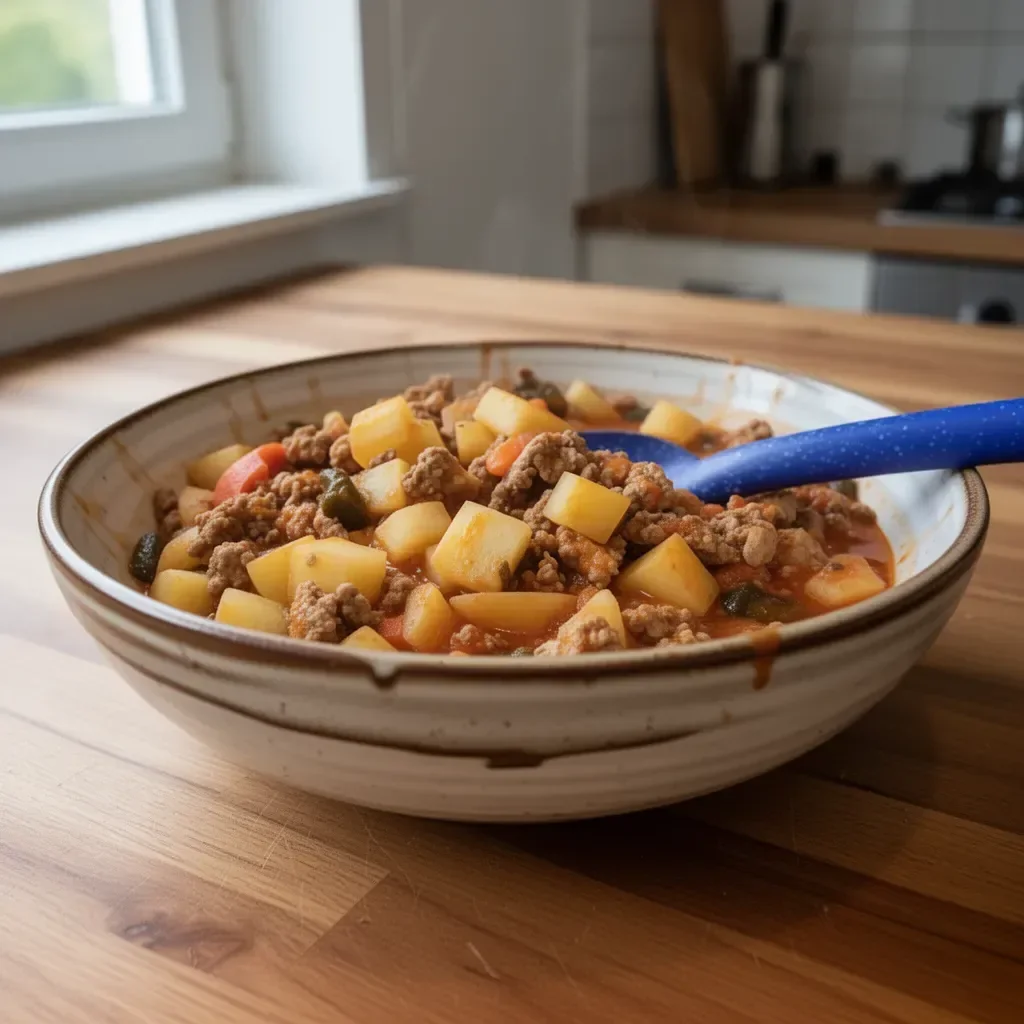Mamas Picadillo mit Kartoffeln serviert auf einem Teller