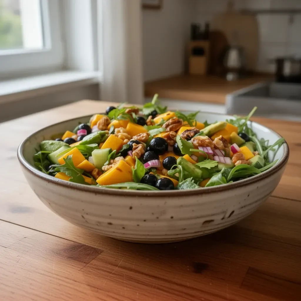 Mango Gurkensalat mit Heidelbeeren und Avocado auf einem Teller