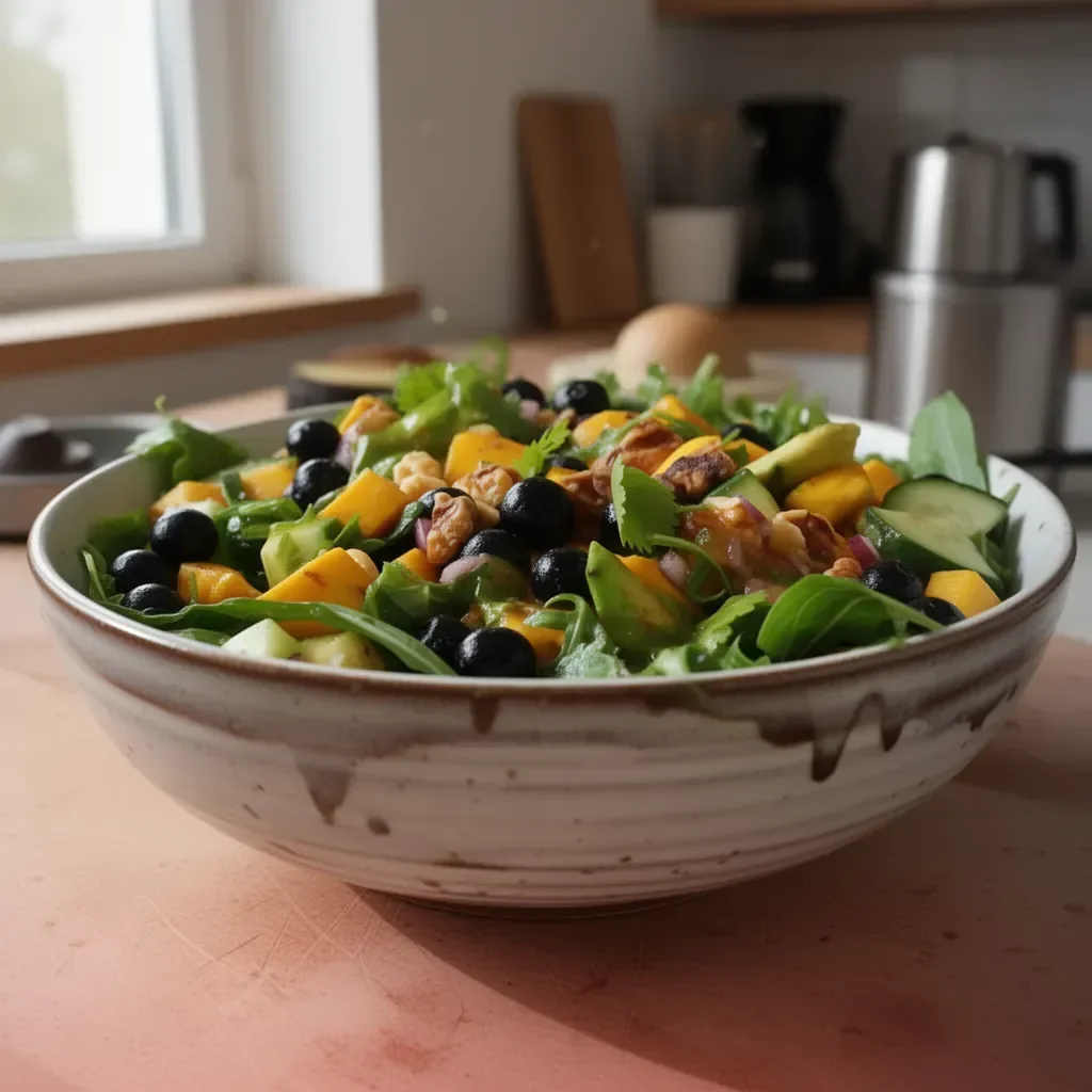 Mangold Gurkensalat mit Heidelbeeren und Avocado, frisch und gesund zubereitet