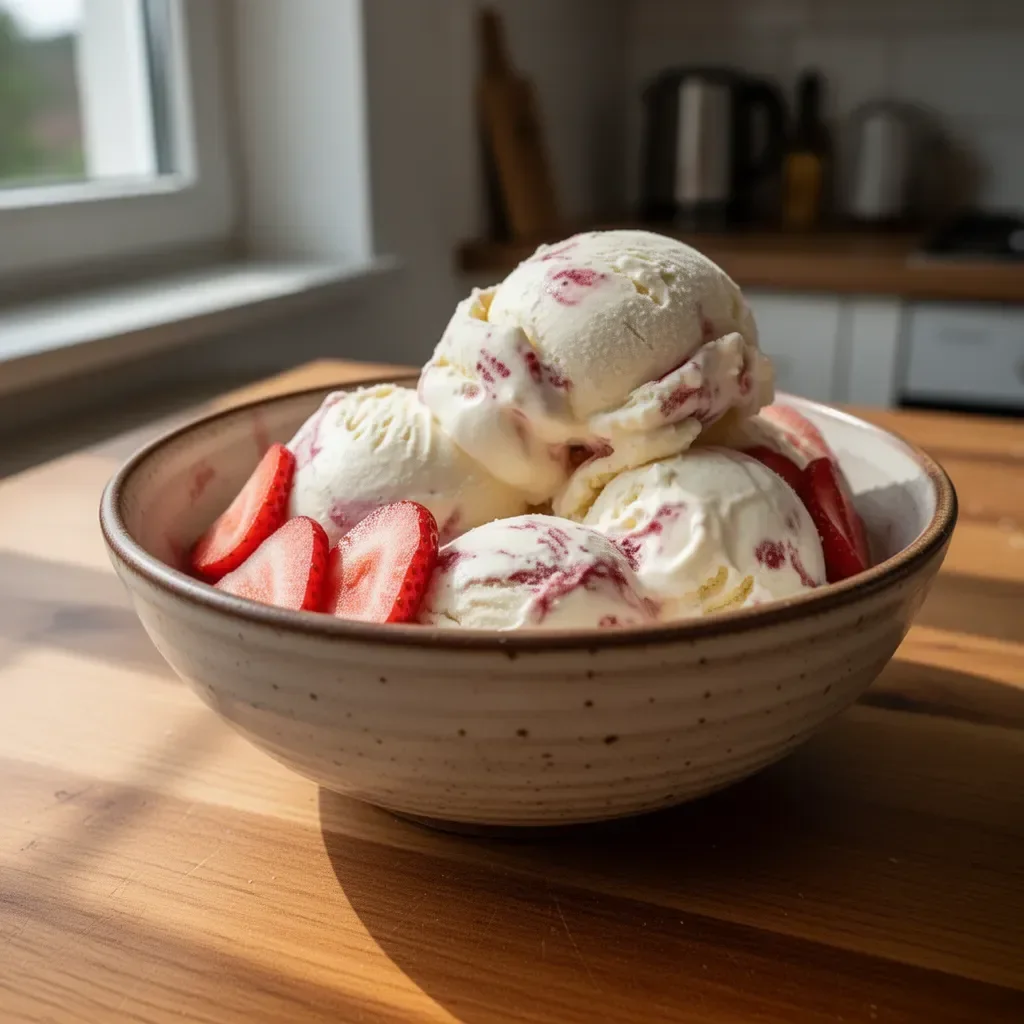 Cremiges Mascarpone-Eis in einer schönen Schüssel serviert.