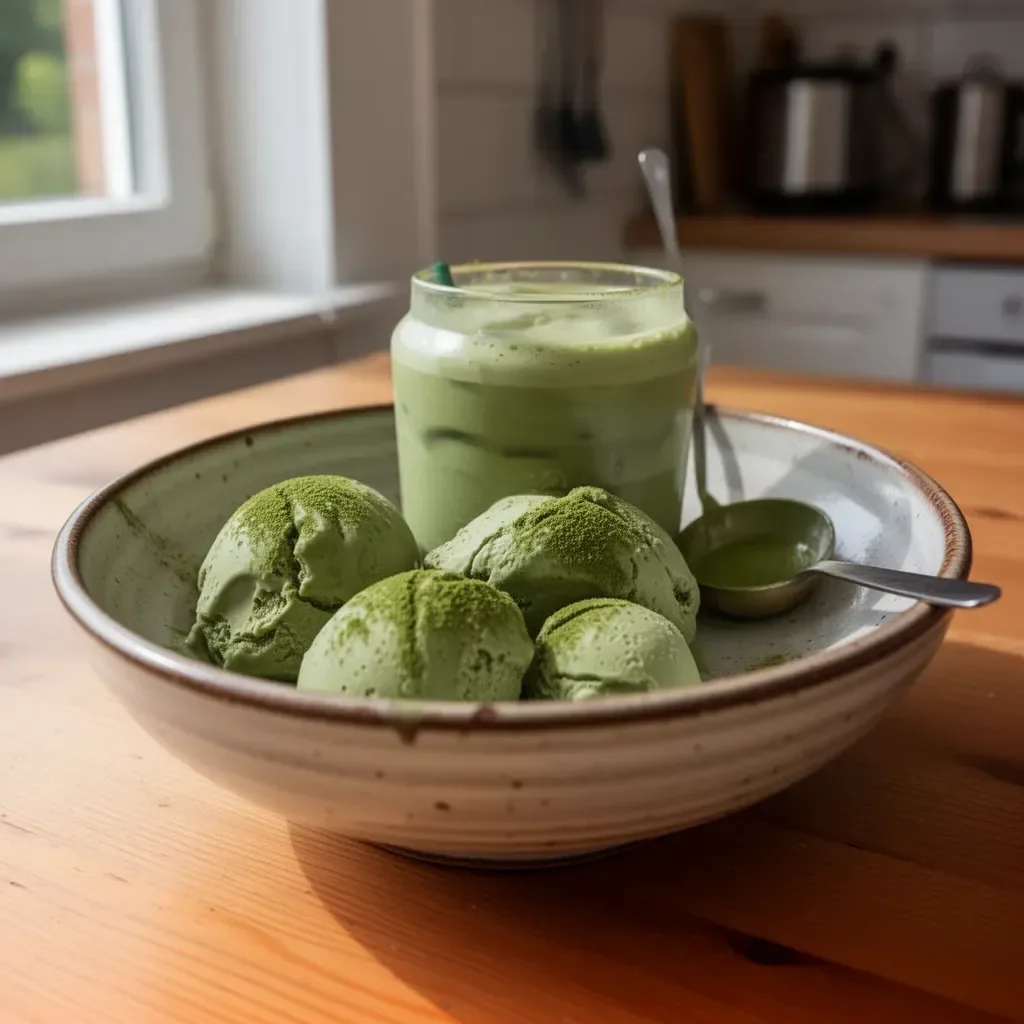 Delizioso Matcha-Eis-Latte aus grünem Tee in einem Glas serviert.