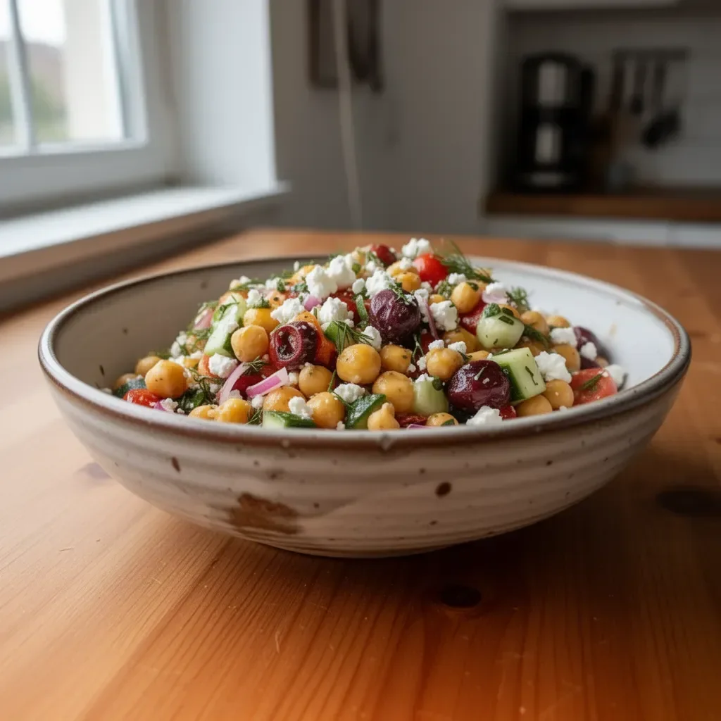 Mediterraner Kichererbsensalat mit Feta und frischem Gemüse