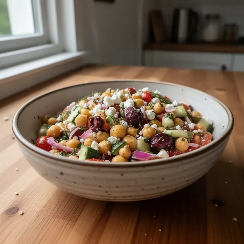 Mediterraner Kichererbsensalat mit Feta und buntem Gemüse