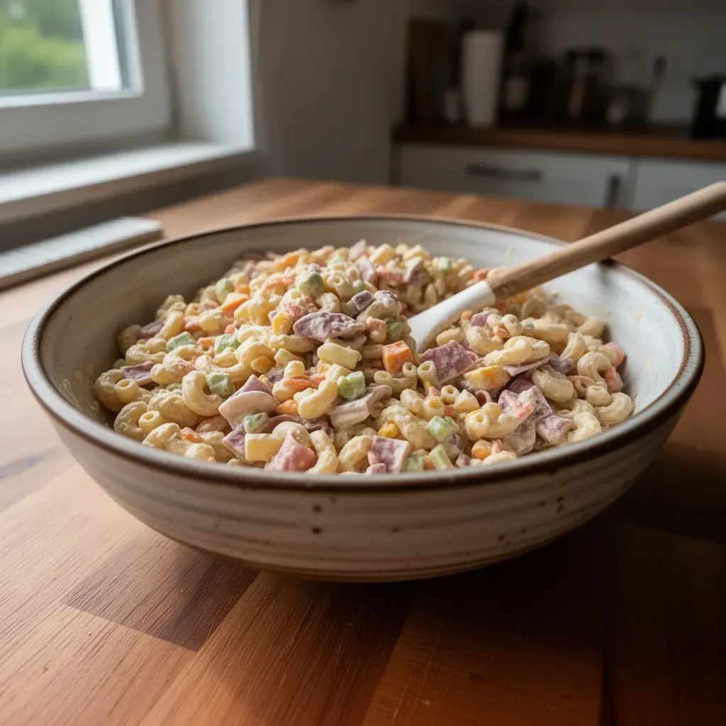 Schüssel mit mexikanischem Nudelsalat, dekoriert mit frischen Zutaten.