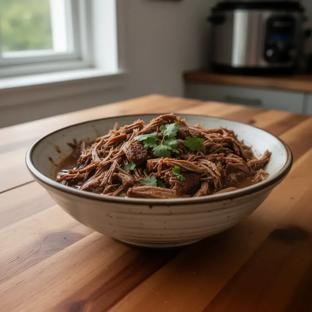 Mexikanisches Barbacoa im Slow Cooker zubereitet, aromatisch und köstlich.