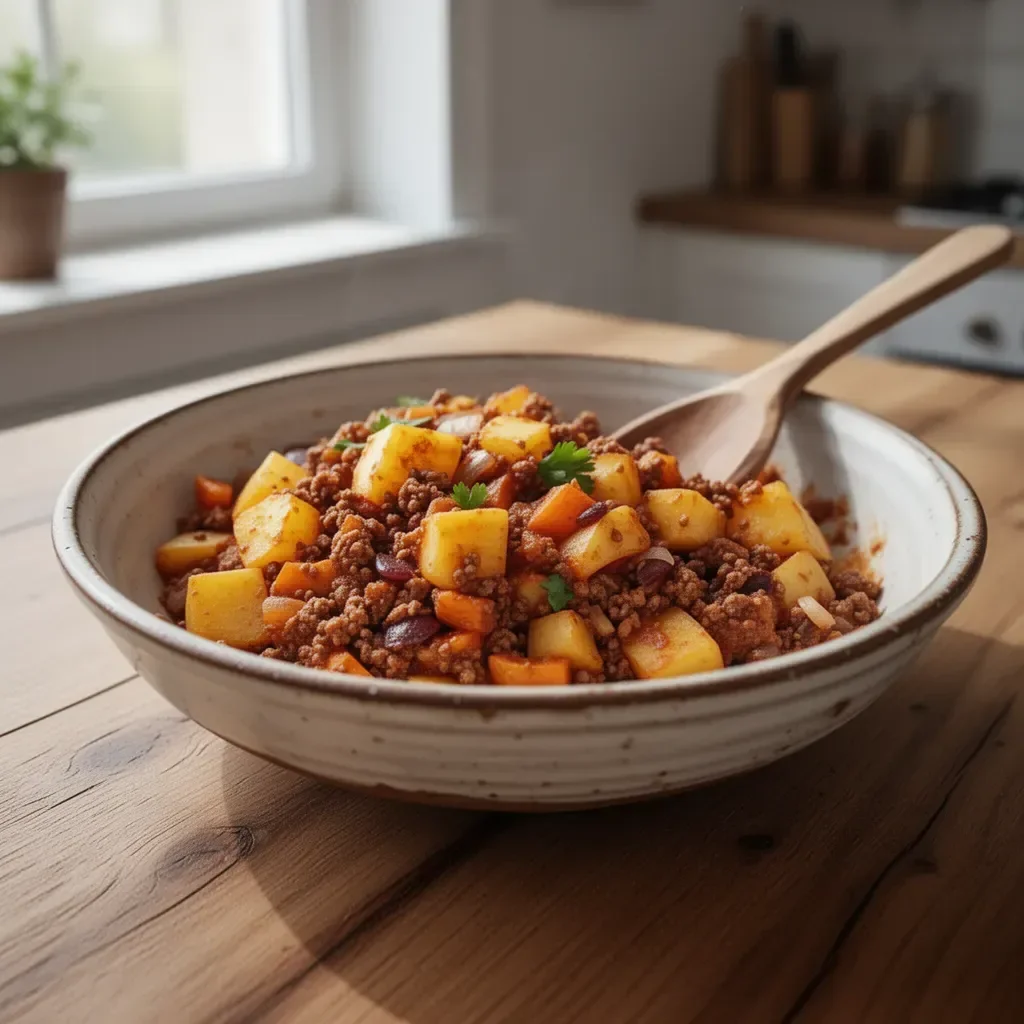 Schüssel mit mexikanischem Picadillo und Kartoffeln