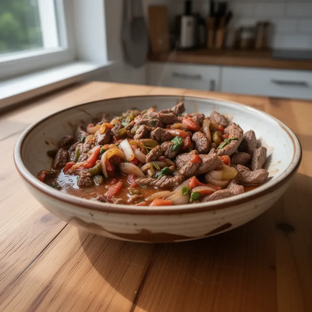 Köstliches Mexikanisches Steak Picado mit frischem Gemüse und Gewürzen