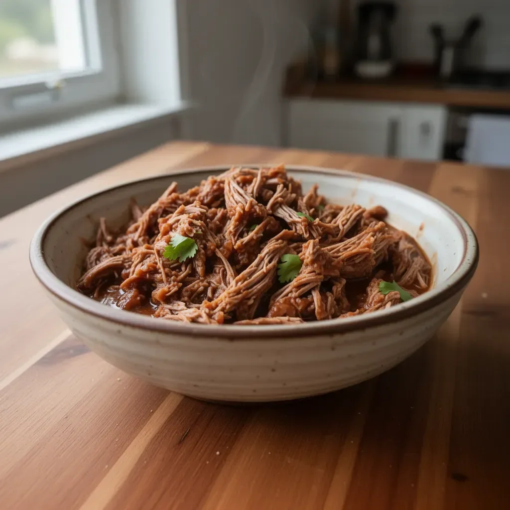 Mexikanisches zerrissenes Fleisch im Slow Cooker serviert mit Tortillas.