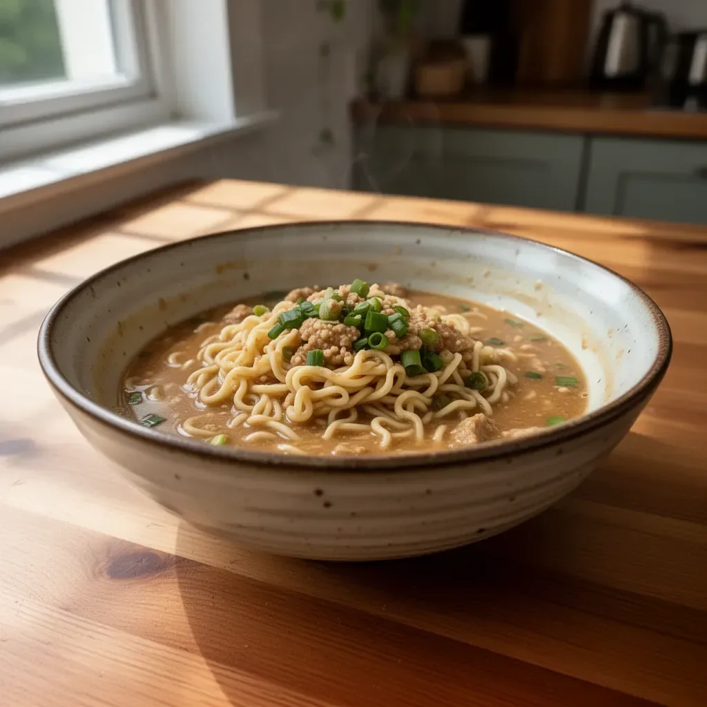 Schüssel mit Miso-Ramen, garniert mit Frühlingszwiebeln und Seetang.