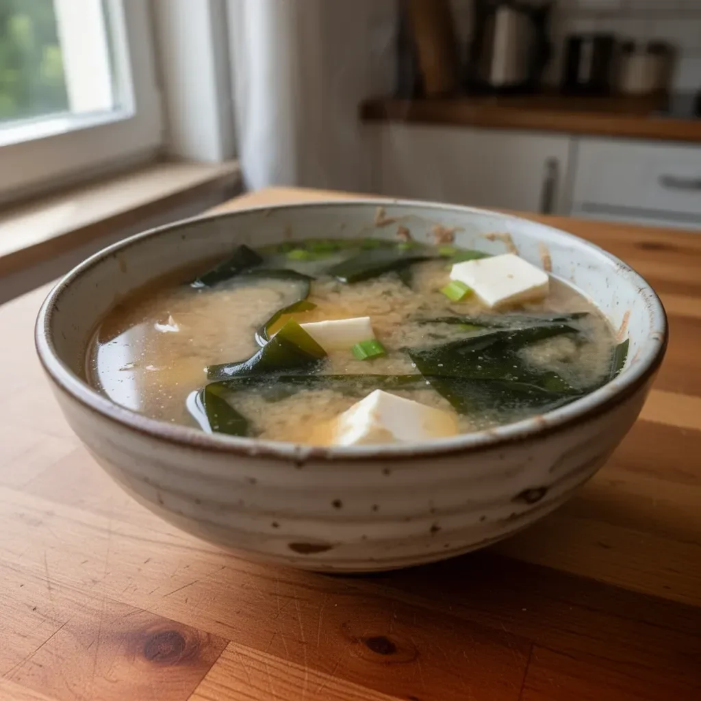 Schüssel mit heißer Miso-Suppe, garniert mit Algen und grünen Zwiebeln