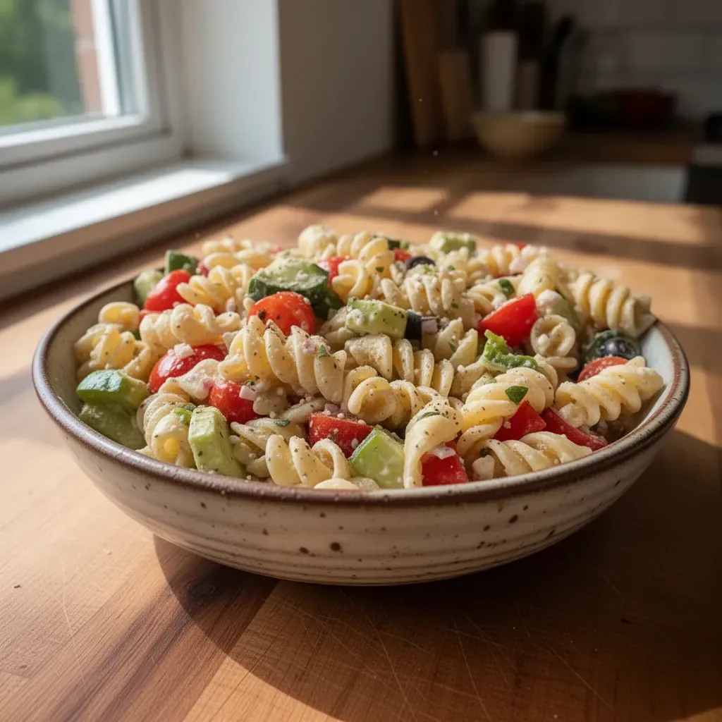 Leckerer Nudelsalat mit frischen Zutaten und buntem Gemüse auf einem Tisch.