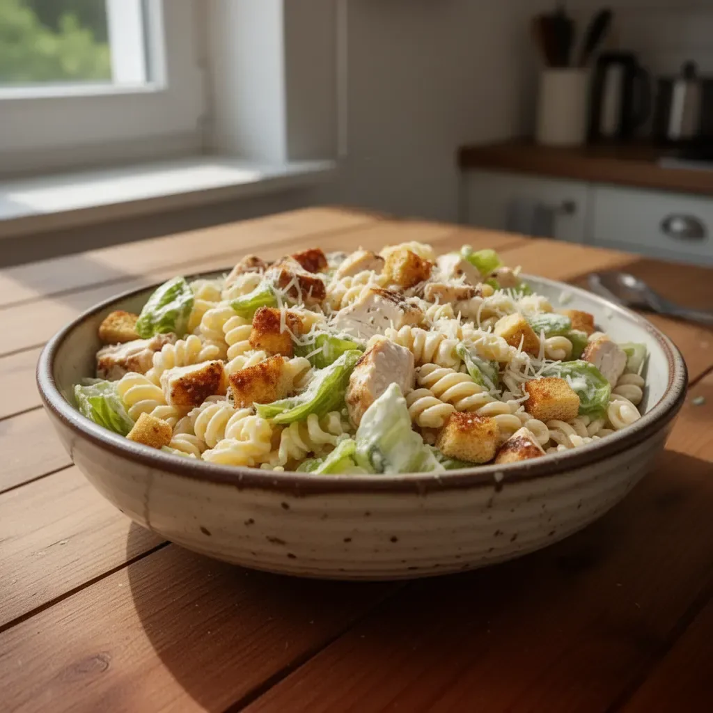 Nudelsalat mit Hähnchen auf einem Teller serviert, frisch und appetitlich.