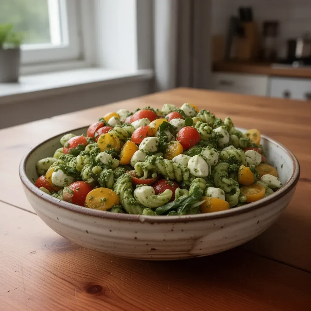 Nudelsalat mit Kale-Pesto auf einem schönen Teller serviert.