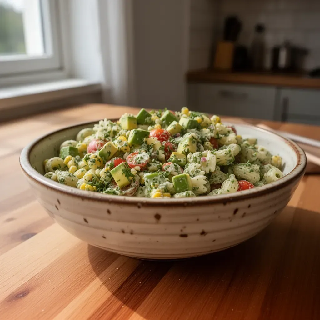 Frischer Nudelsalat mit Koriander und Limette auf einem schönen Teller.