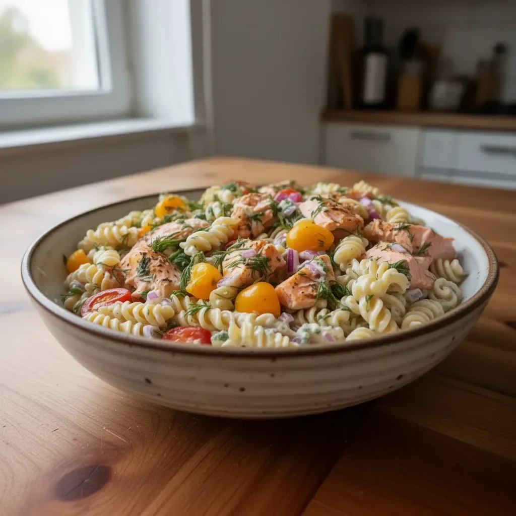 Nudelsalat mit Lachs und frischem Gemüse auf einem Teller