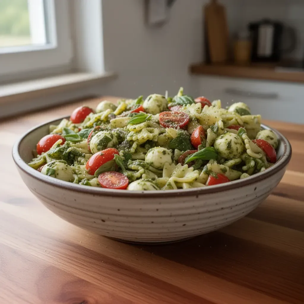Nudelsalat mit Pesto auf einem bunten Teller serviert.
