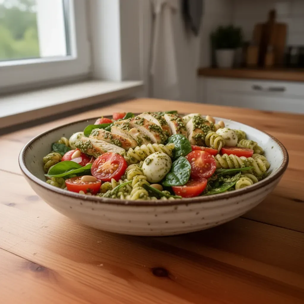 Nudelsalat mit Pesto und Hühnchen
