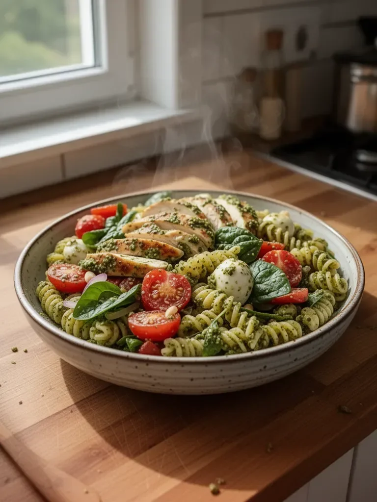 Nudelsalat mit Pesto und Hühnchen