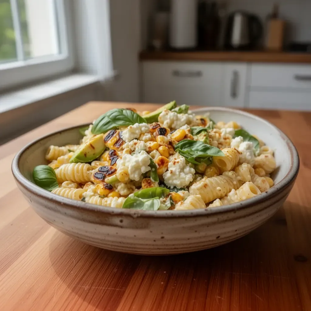 Nudelsalat mit Straßenmais auf einem bunten Teller, ideal für ein Sommergericht.
