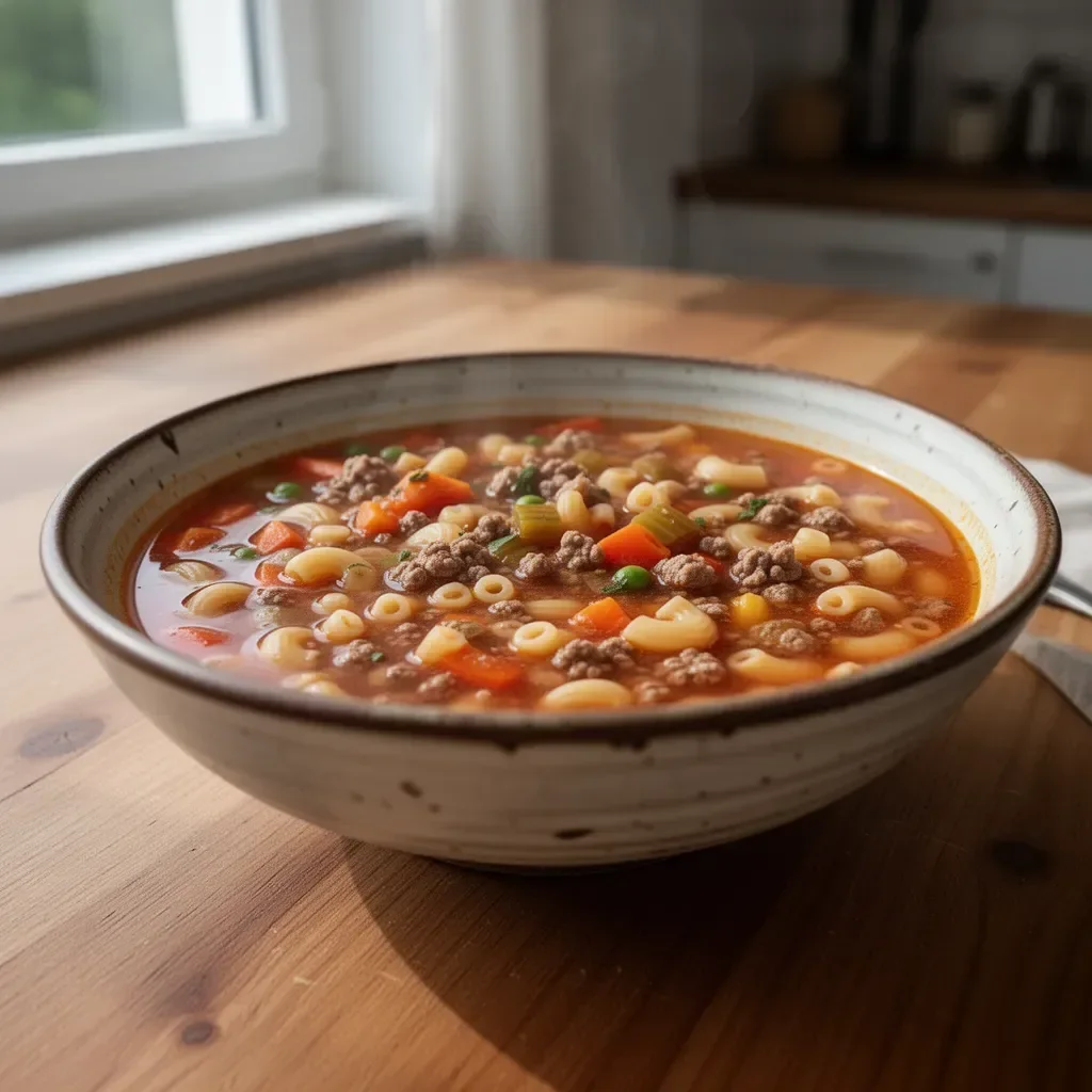 Leckere Nudelsuppe mit Hackfleisch in einer Schüssel serviert.