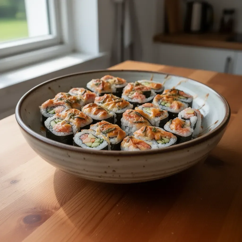 Leckeres Ofen-Sushi auf einem Teller serviert.