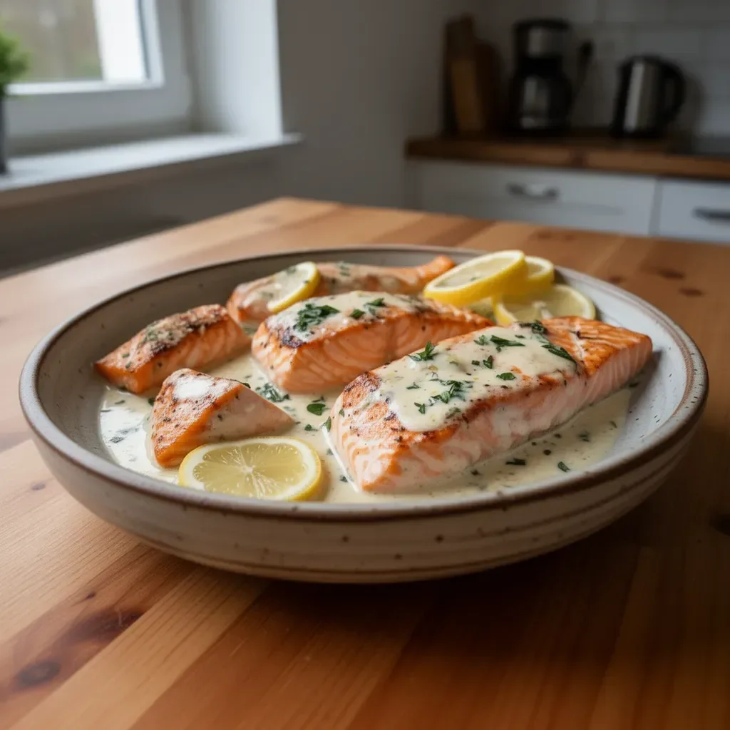 Ofensalmon mit Butter-Zitronencremesauce auf einem Teller