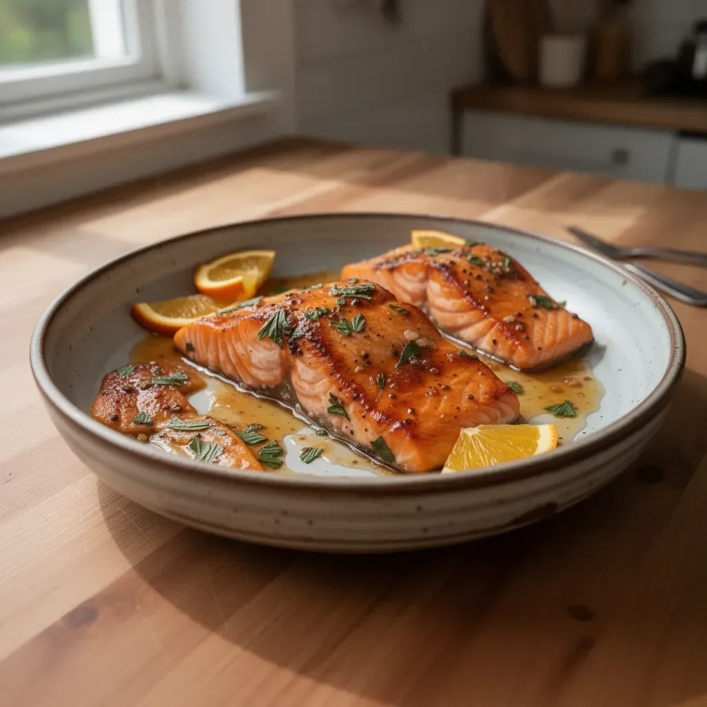 Orangen-glasierter Lachs zubereitet mit frischem Orangensaft und Gewürzen