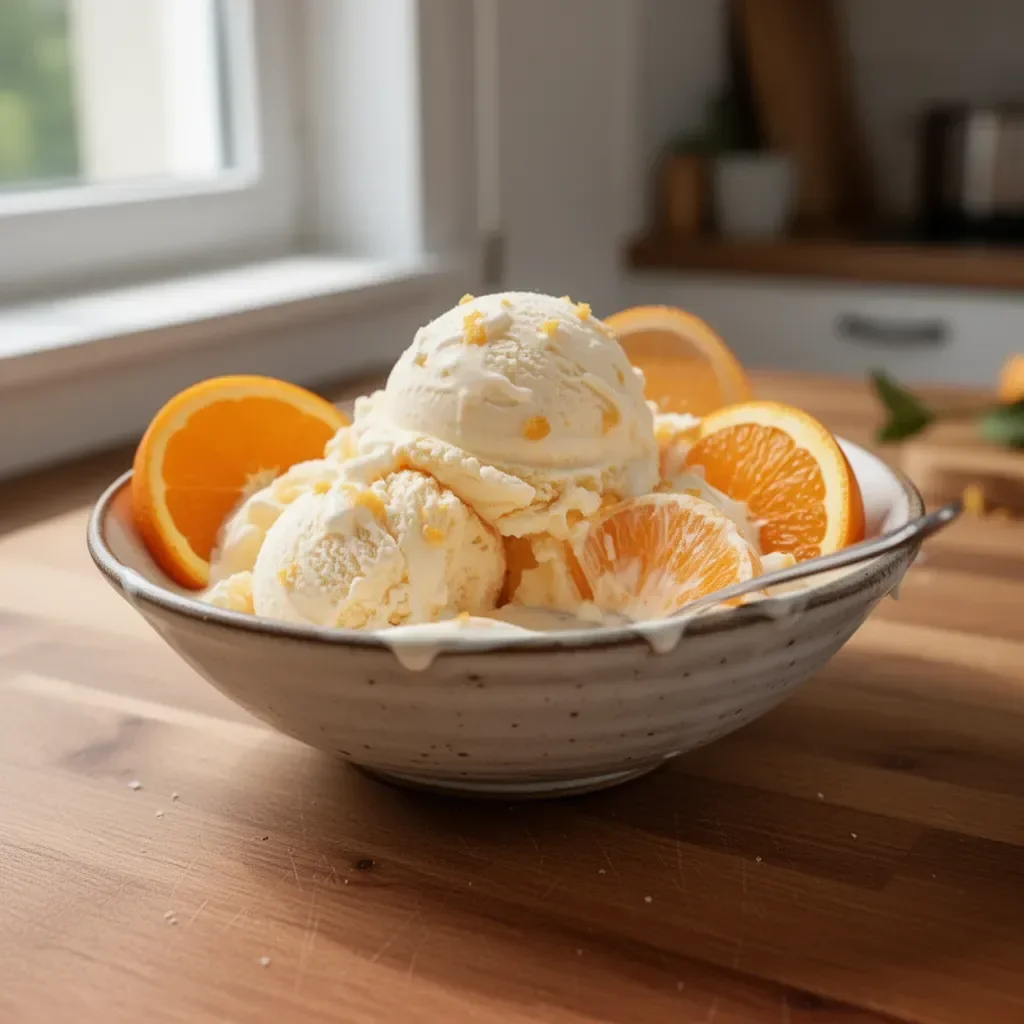Orangen- und Sahneeis in einer Schüssel mit frischen Orangenscheiben