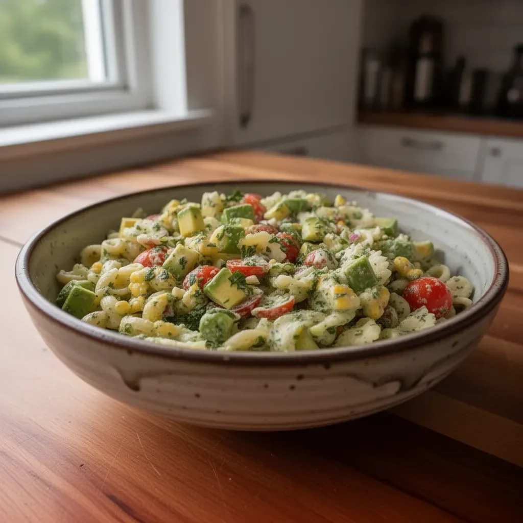Pasta-Cilantro-Limetten-Salat auf einem bunten Teller adorned mit frischen Zutaten