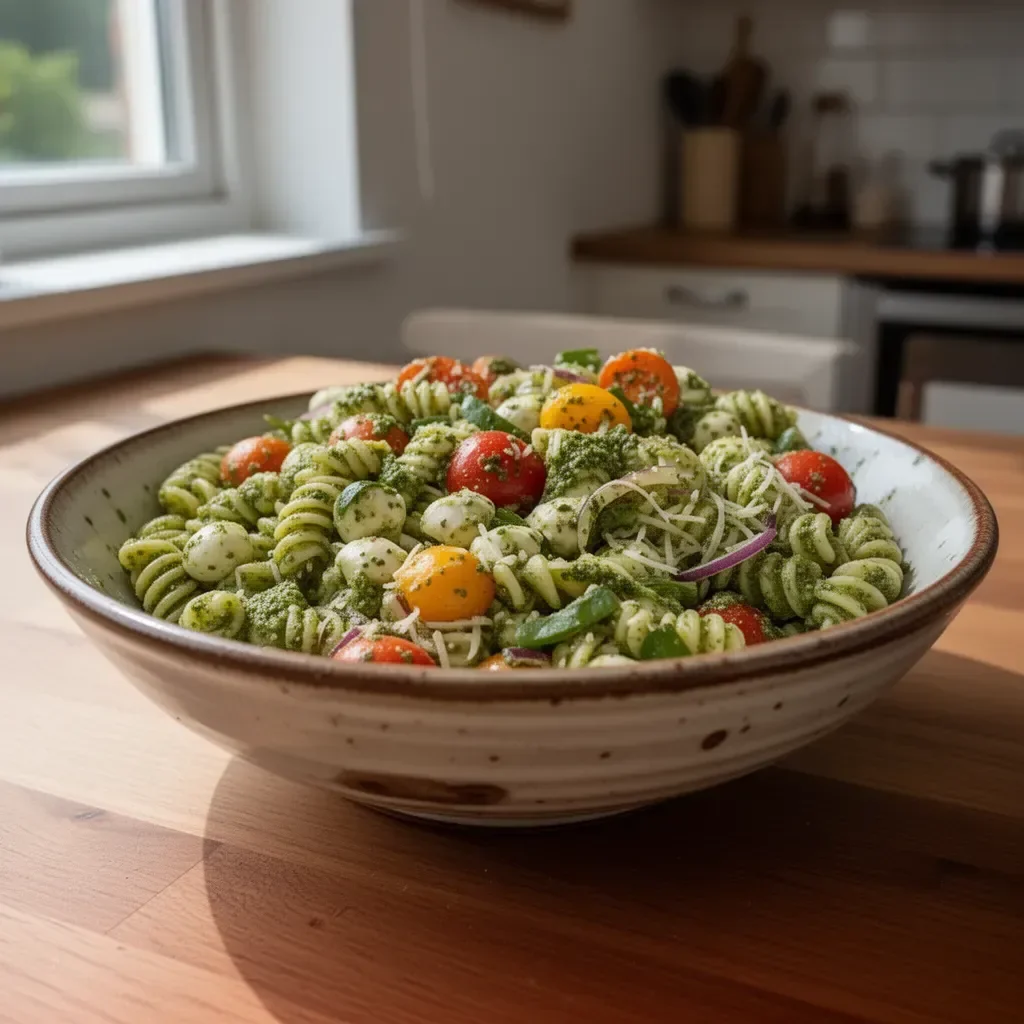 Frischer Pasta-Pesto-Salat mit Basilikum und Tomaten