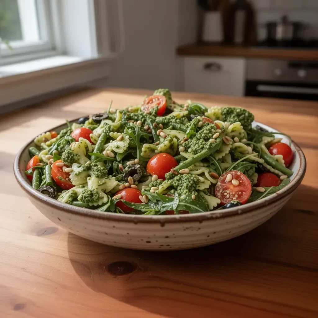 Pasta-Pesto-Salat mit frischen Zutaten und aromatischem Pesto