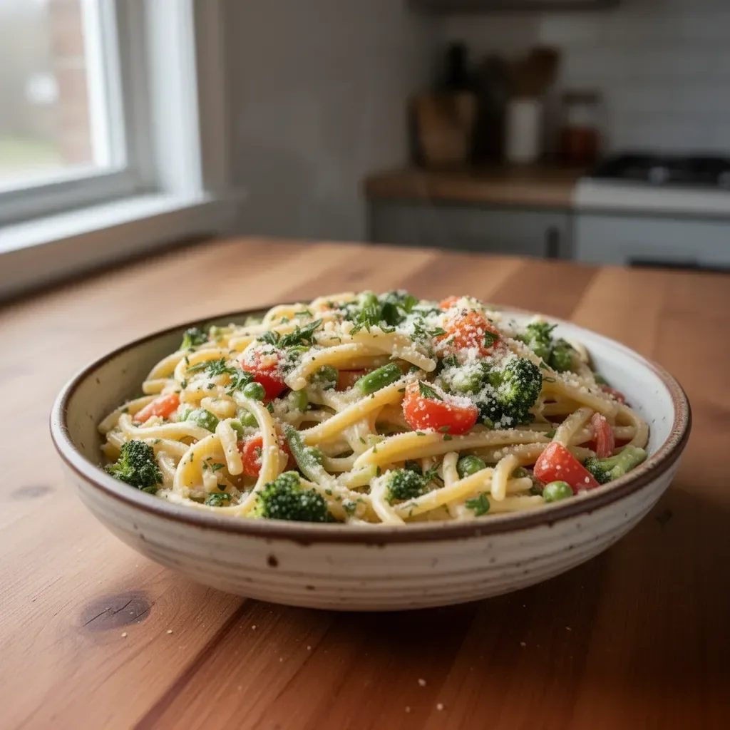 Pasta Primavera mit buntem Gemüse und Parmesan