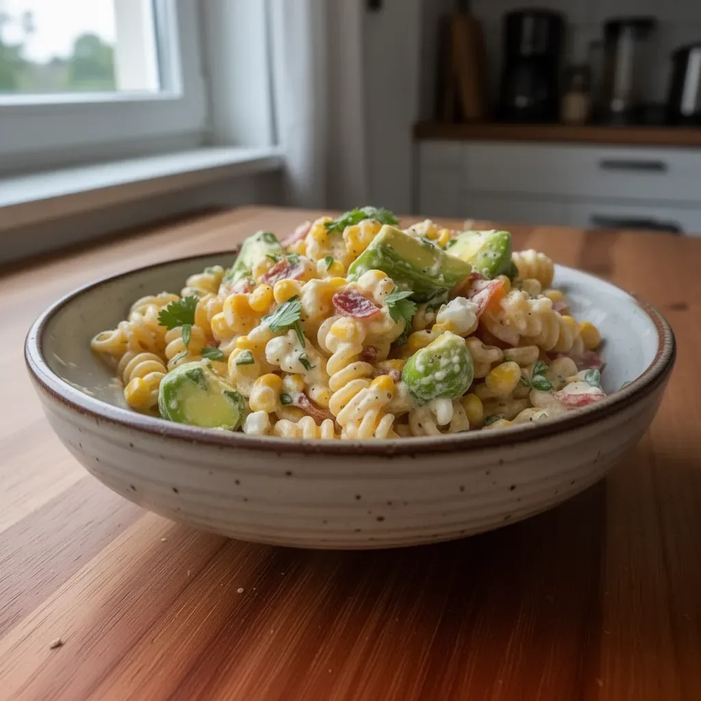 Pasta-Salat mit Straßenmais in einer bunten Schüssel
