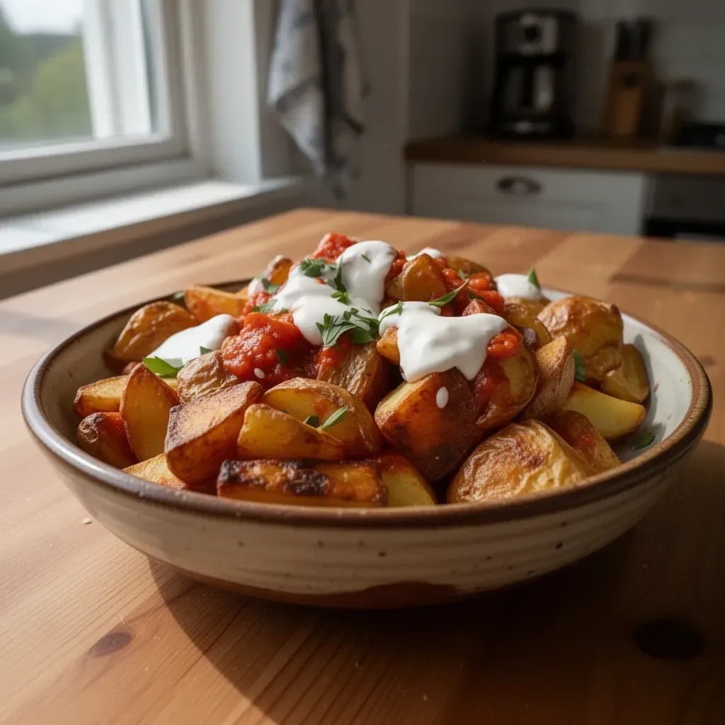 Leckere Patatas Bravas mit würziger Sauce auf einem Teller serviert