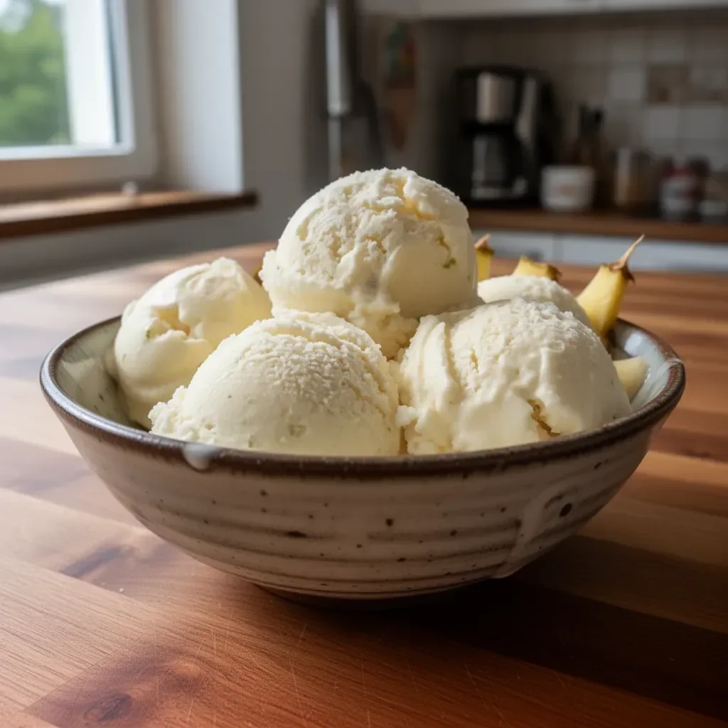 Pina Colada-Eis ohne Ofen in einer schönen Schale serviert