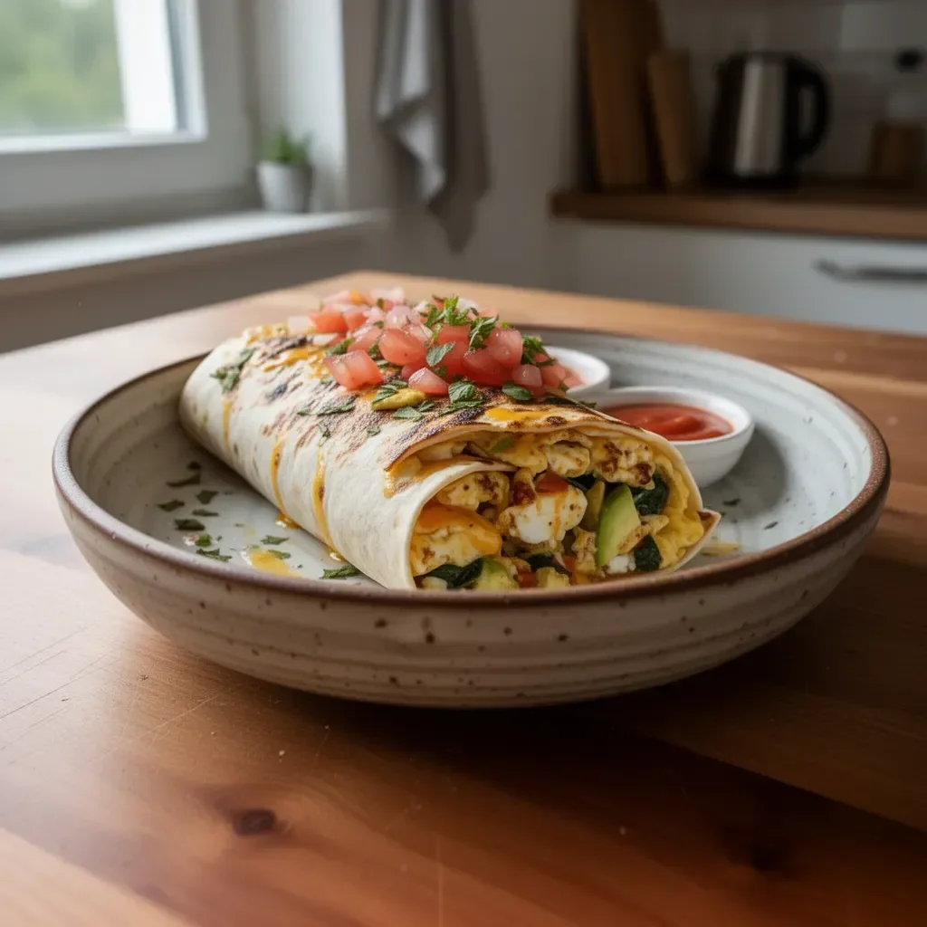 Proteinreicher Frühstücksburrito gefüllt mit Eiern, Bohnen und Gemüse