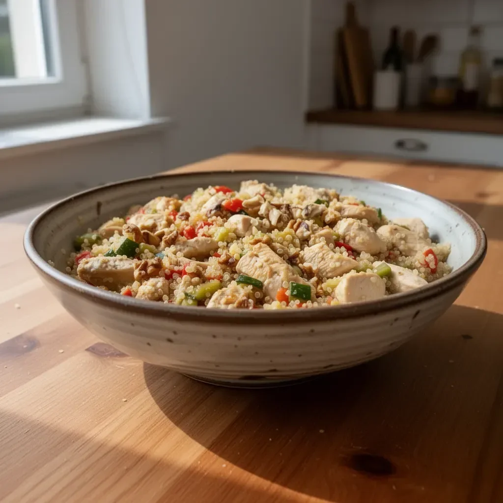 Bowl mit Quinoa, Hähnchen und frischem Gemüse