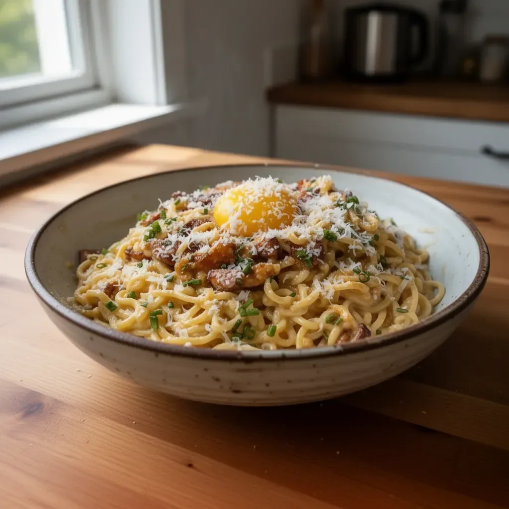Schüssel mit Ramen Carbonara, verfeinert mit Ei und Parmesan