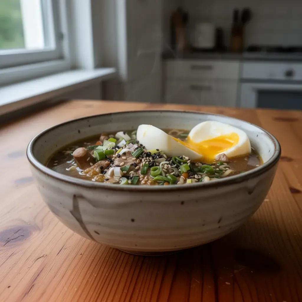 Bowl mit dampfendem Ramen und frischen Zutaten, ein perfektes Trostgericht.