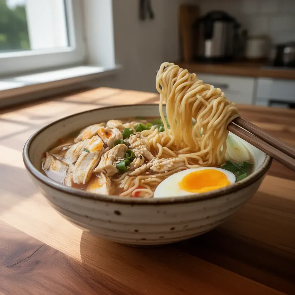 Ramen-Gericht zubereitet im Schnellkochtopf, leckere asiatische Küche
