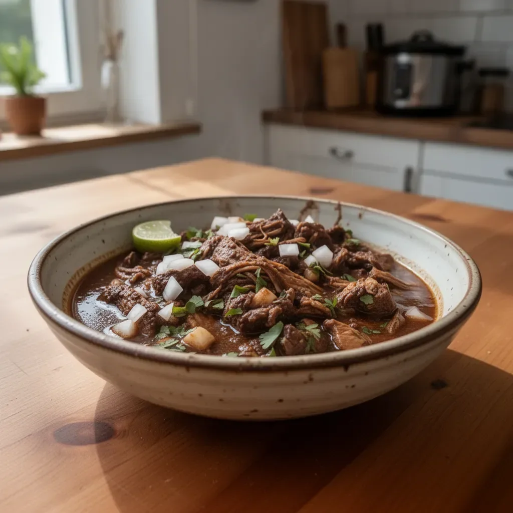Rinder-Birria aus dem Crockpot, serviert in einer Schüssel mit frischen Beilagen