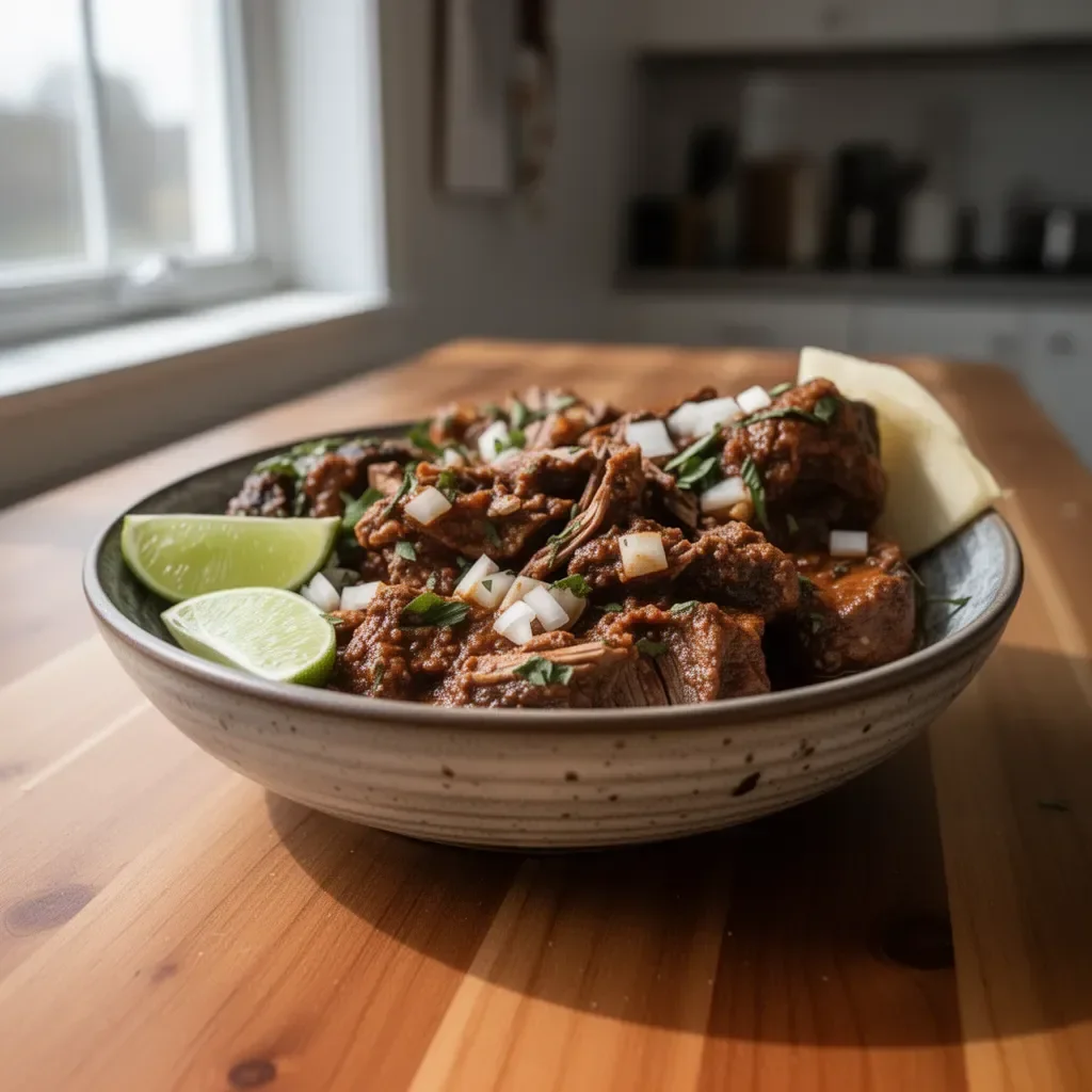 Rindfleisch-Birria serviert mit frischen Kräutern und Limetten.