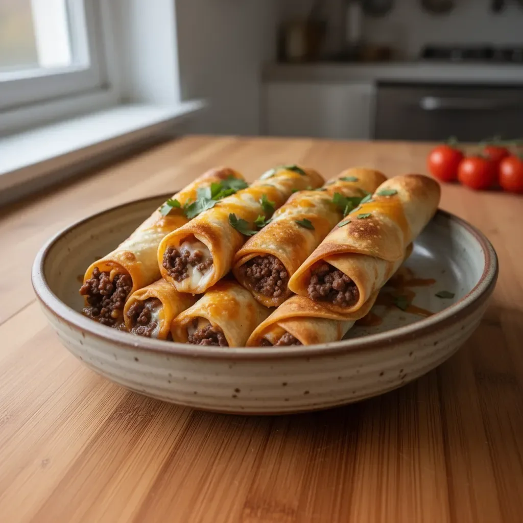 Leckere Rindfleisch-Taquitos serviert auf einem Teller mit Salsa.