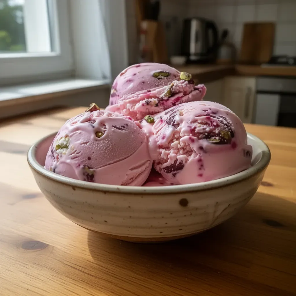 Rosen-Pistazieneis in einer Waffel mit frischen Pistazien und Rosenblättern